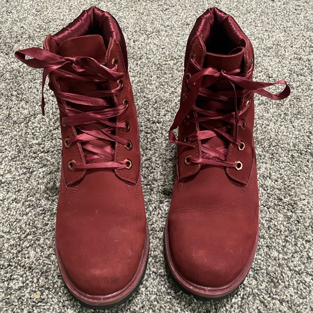 Timberland Red Boots with Satin Trim & Laces